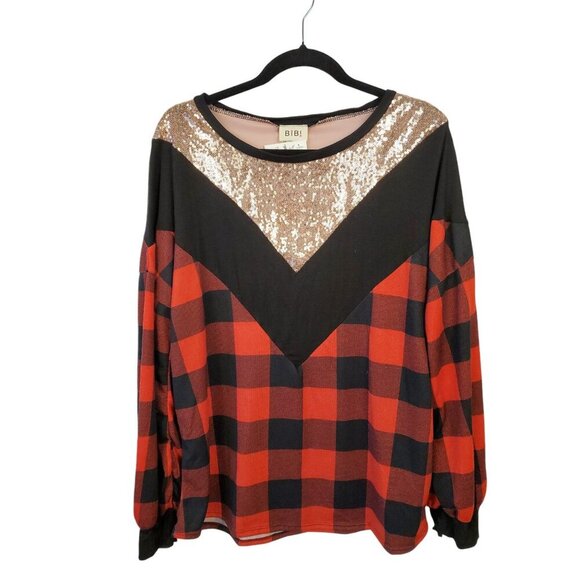 Bibi Women's Shirt Plaid M Red Black Long Sleeve Rose Gold Sequins NWOT - Picture 2 of 10